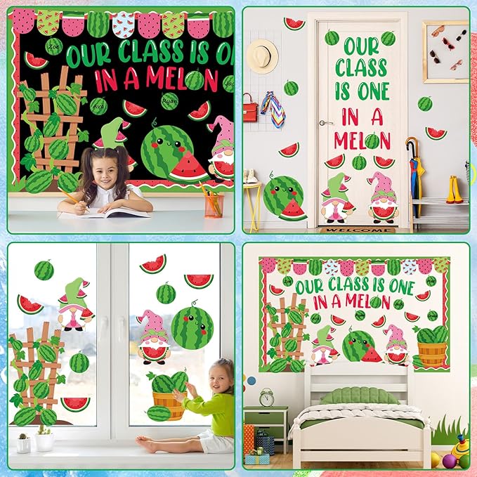 gisgfim Summer Watermelon Bulletin Board Decorations Set Our Class is One in a Melon Classroom Paper Cutouts Welcome Back to School Melon Gnome Bulletin Board Decor for Summer Door Chalkboard Wall