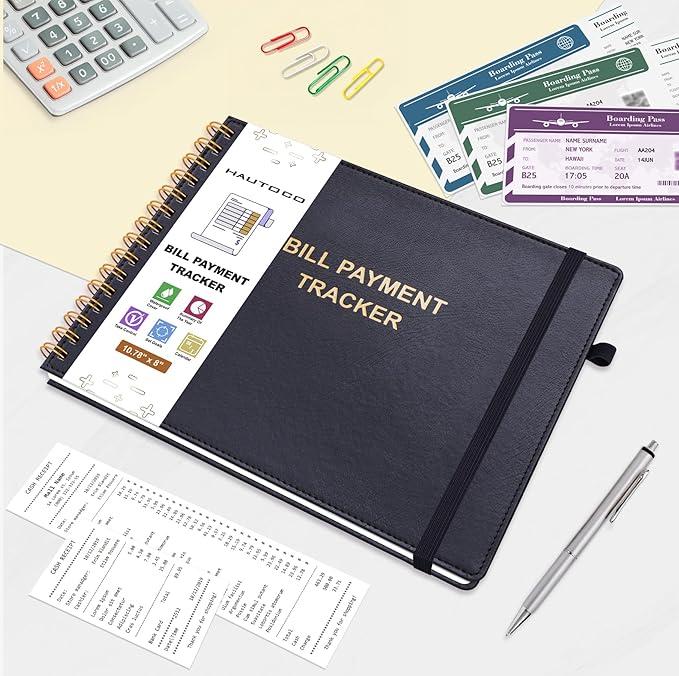 HAUTOCO Hardcover Bill Tracker Notebook Horizontal Monthly Bill Payment Organizer for Personal Budgeting Home Finance with 2 Storage Pocket Expense Checklist Tracking Planner 10.78 x 8'', Black