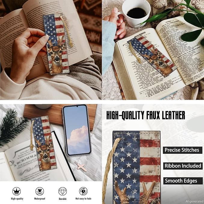 Lotusorchid Bible Cover Leather Case for Women, American Flag Deer Carrying Case With 2 Book Marks, Blue and Red, Size 2XL