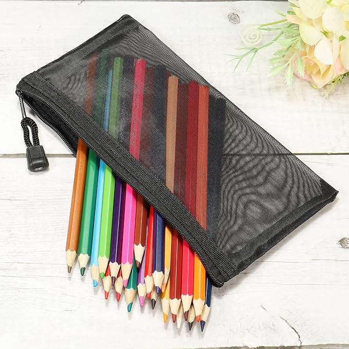 MECCANIXITY Mesh Zipper Bags, A6 Nylon Zip Pouch Pencil Case Storage Pockets for Travel Office Accessories, Black Pack of 6