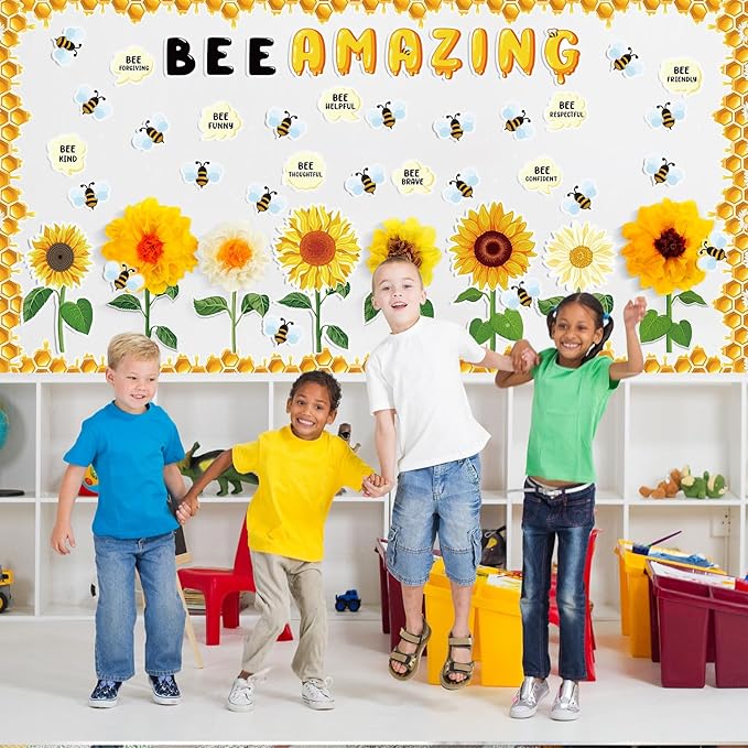 Qilery 103 Pcs Bee Amazing Bulletin Board Sets Cute Bee Honey Bulletin Board Cutouts Borders 3D Sunflower Classroom Bulletin Board Decoration for Spring Summer School Chalkboard Wall Door Decor