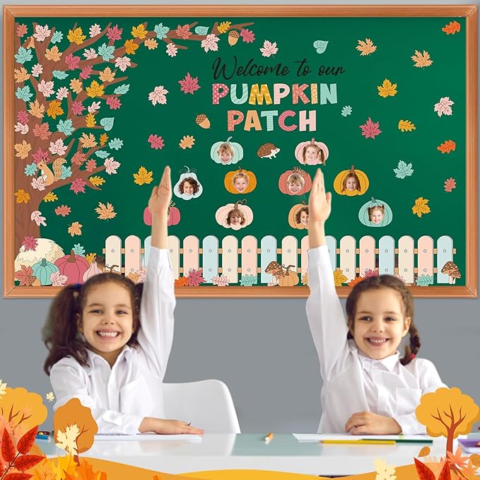 Pasimy Fall Bulletin Board Decorations Set Pumpkin Classroom Door Decor Autumn Maple Cutouts DIY Pumpkin Photo Crafts Thanksgiving Bulletin Board for Halloween Home Office Wall Supplies(Cartoon)