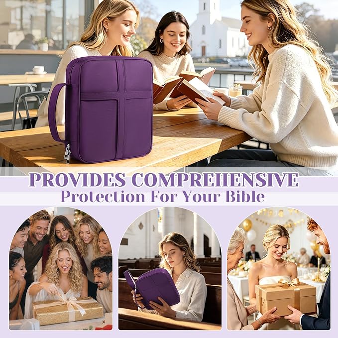 XKDOUS Bible Cover, Large Bible Bag with Durable Handle, Cross Design Waterproof Bible Case with Bible Study Supplies, Christian Gift for Mom, Women and Men (Purple)