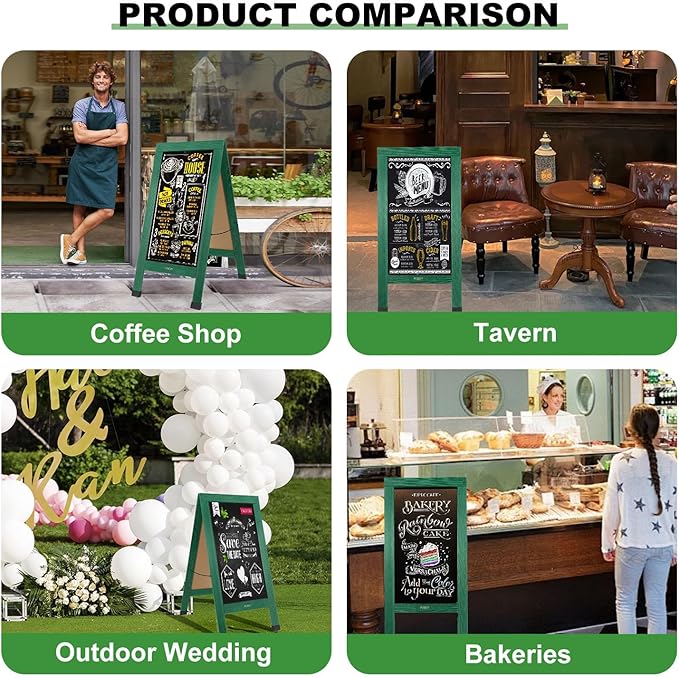 Large Sandwich A-Frame Chalkboard Sign - 40 x 20 Inches Green Magnetic Wooden Chalk Board for Sidewalk, Stand up Double-Sided Outdoor Easel Display for Restaurant Cafe Shop Wedding Party or Business