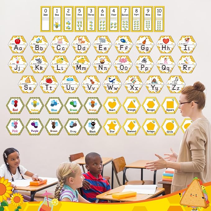 Bee Themed Alphabet Number for Classroom Wall Honeycomb Bulletin Board Manuscript Educational Cards ABC Letters Numbers Shapes Colors Poster for Preschool Elementary Early Learning Decor