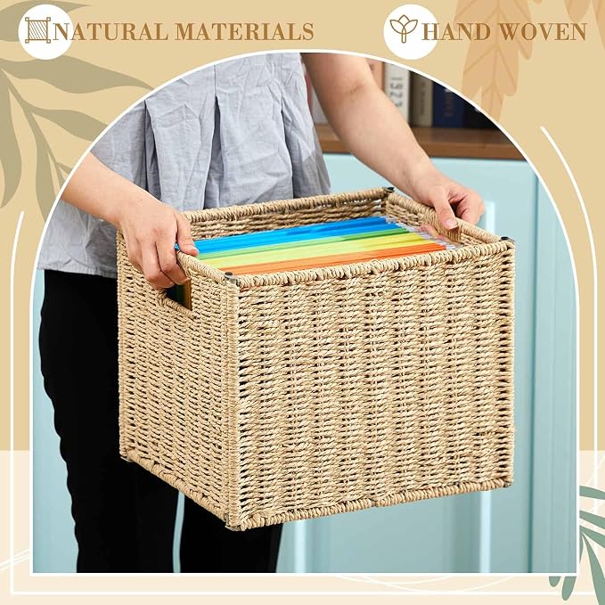 Jingmore Hanging File Box, Paper Rope Collapsible Woven File Organizer for Letter Size Files, Portable Decorative Storage Basket with Handles for Home Office Decor