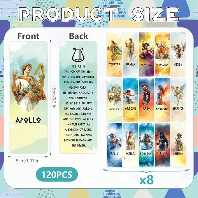 Greek Mythology Bookmark for Kids - 120 Pcs Vintage Olympian Gods Bulk Bookmarks Gift for Women, Retro Cottagecore Creative Reading Accessories Gifts for Teachers Students Book Lovers