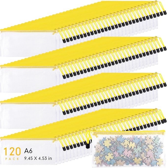 Sherr 120 Pcs Mesh Zipper Pouch A6 Pencil Pouches Bulk Small Clear Mesh Bags with Zipper 9.45'' x 4.53'' Waterproof File Bag Pencil Case for School Office Travel Organization(Yellow)