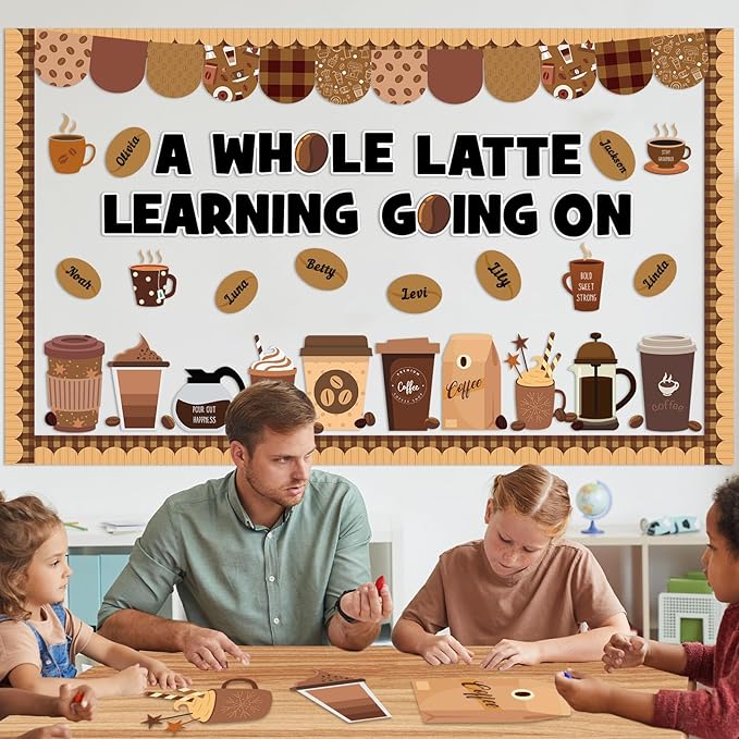 Coffee Bulletin Board Set Coffee Cup Classroom Decoration Latte Themed Paper Cutouts Positive Bulletin Board Border for Back to School Nursery Chalkboard Classroom Door Wall Decor Teacher Supplies