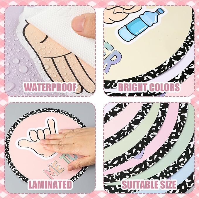 MotiMind 15 Pcs Classroom Hand Signal Cards Signal with Adhesive Tapes Decor Classroom Learning Bulletin Board Hand Signals Language Posters for Teachers Students Visual Cues (Multicolor Circular)