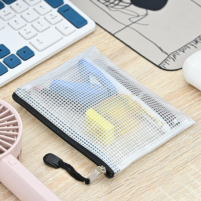 D-KINGCHY 24Pcs Zipper Storage Bags, Plastic Mesh Zippered Pouch for Organization, Waterproof Versatile Bags for Office Supplies School Travel (A6 Size 6.3''x4.7'', Black Zipper)