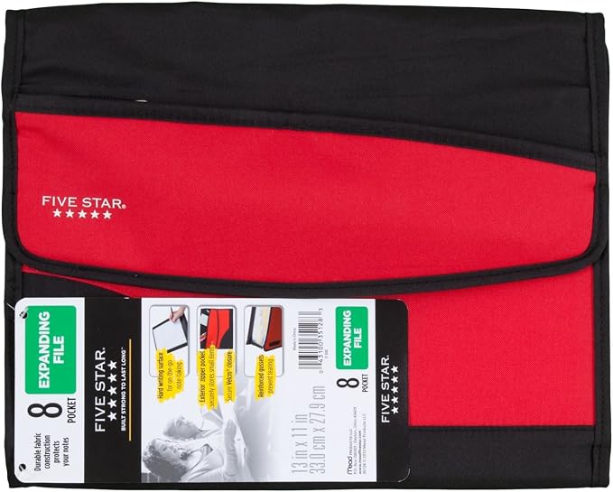 Five Star Expanding File Folder, 8-Pocket Expandable File Folder, Red (73924)