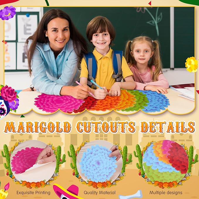 TaoBary 24 Pcs Day of The Dead Decorations Marigold Flower Paper Cutouts 7.09in Dia De Muertos Party Decorations Marigold Flower Bulletin Board Decor for Mexican Halloween Classroom Altar Wall Crafts