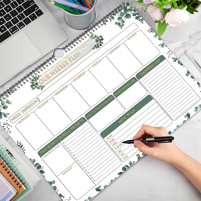 Fulmoon 2 Pcs 52 Sheets Weekly Planner 13 x 17'' Family Planner Spiral Weekly Calendar Habit Tracker Calendar Family Meal for Wall Planning Organizing Goals Tasks Chores(Eucalyptus)