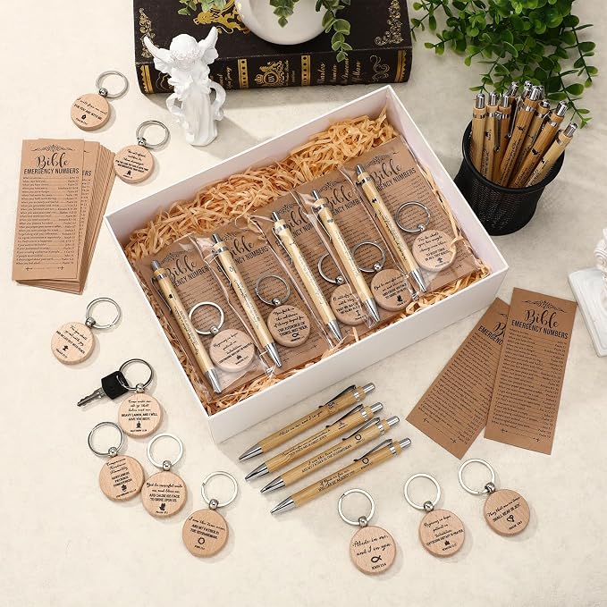 Feifeiya 25 Sets Father's Day Christian Gifts Bulk for Men Bible Verse Pens Keychains Emergency Number Bookmarks Religious Gift Party Favors for Father Pastor Church Baptism Sunday School(Wood Color)
