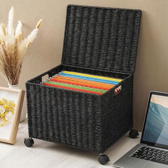 Cinnvoice Decorative Rolling File Cabinet 14 x 12 x 11.5 in Seagrass Wicker File Box Organizer for Letter & Legal Size Handwoven Hanging Filing Basket with Lid for Folder Home Office Decor Black