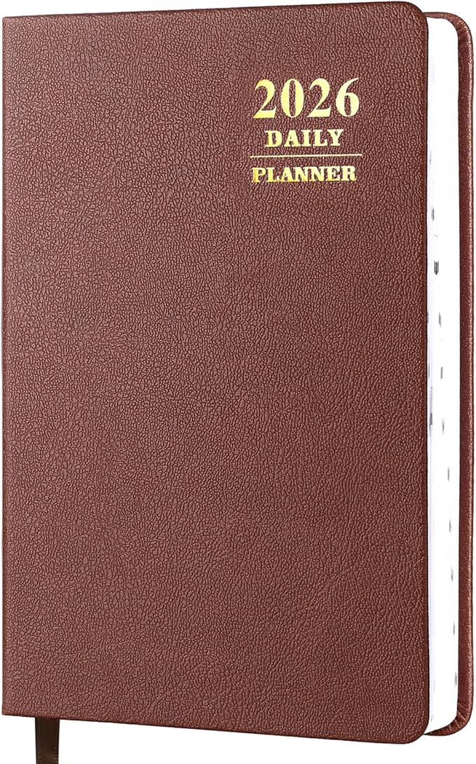 KESOTE 2026 Daily Hourly Planner - One Page a Day, 2026 Diary 5.7 x 8.3" Hardcover Weekly Monthly Planner Agenda 12 Month, A5 Notebook, Brown