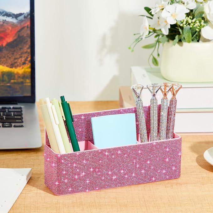 MotiMind Pink Locker Accessories for Girls, Bling Magnetic Pen Holder for Refrigerator, Back to School Rhinestone Marker Holder for Locker, Sparkly Gift for Student (Large,Rhinestone)