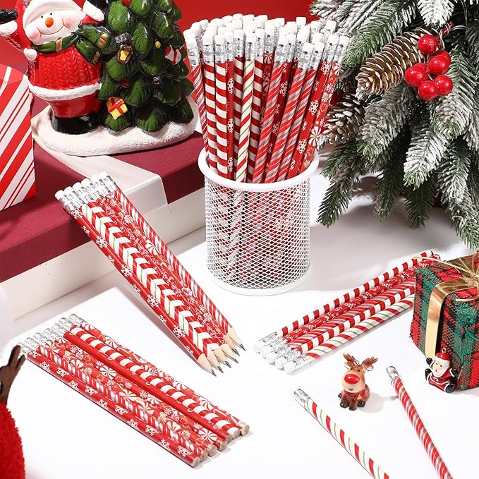 Watersay 60 Pcs Christmas Pencils with Eraser Xmas Wood Pencils Bulk Stationery Pencil Reward Christmas Party Supplies(Candy Cane)
