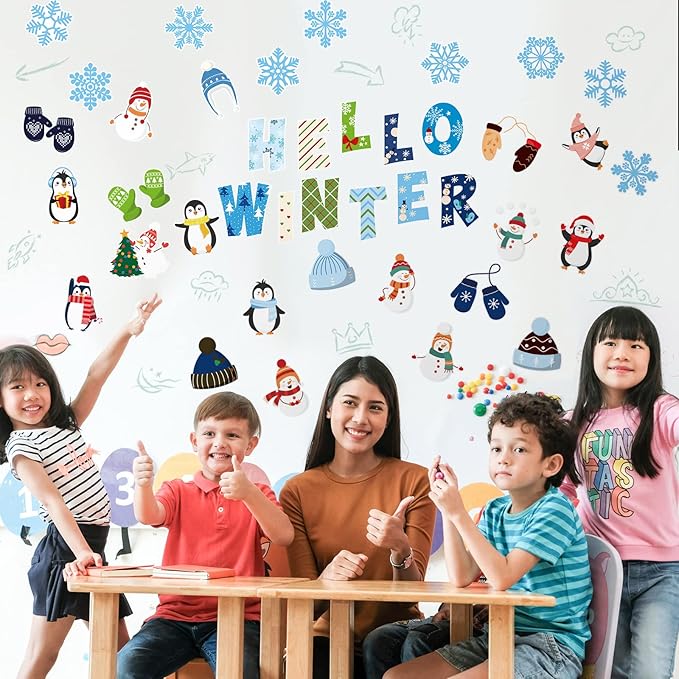 Marspark 68 Pieces Winter Classroom Decoration Christmas Bulletin Border Decoration Hello Winter Cutouts Snowman Penguin Snowflake Wall Decor for School Classroom Christmas Party
