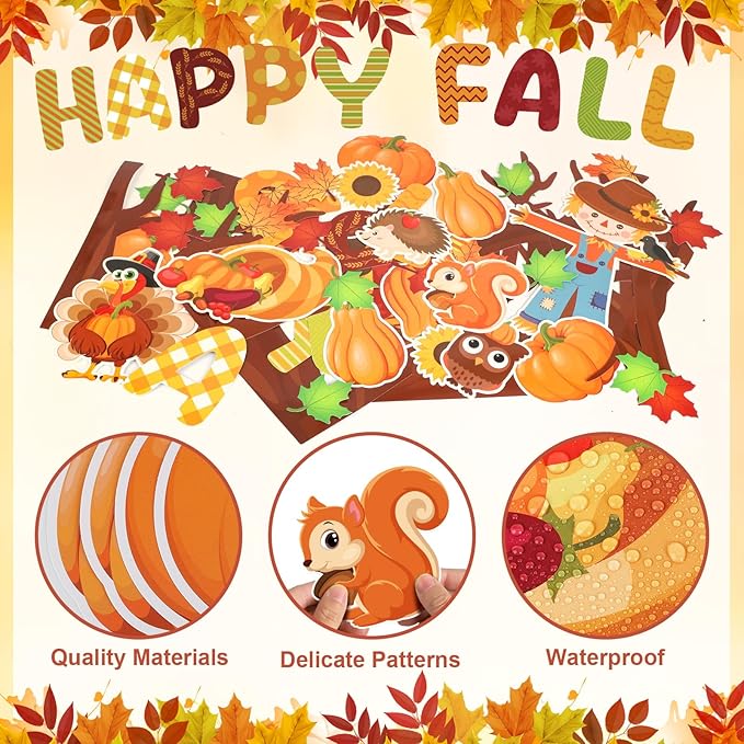 Fall Tree Bulletin Board Decorations for Classroom,Fall Autumn Thanksgiving Classroom Decorations with Big Tree Pumpkin Maple Leaf Turkey Scarecrow Cutout for School Home Chalkboard Wall Decor 136PCS