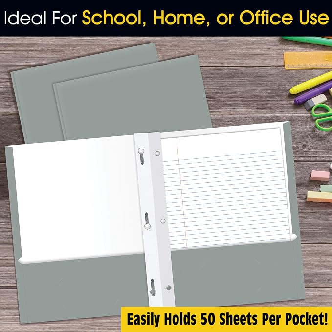 2 Pocket Portfolio Folders with Prongs (Metal Fastener Clips), 25 Pack, Cool Trendy Colors, Fits Letter Size Paper, for School, Office, Home, Matte Finish (Silver Gray)
