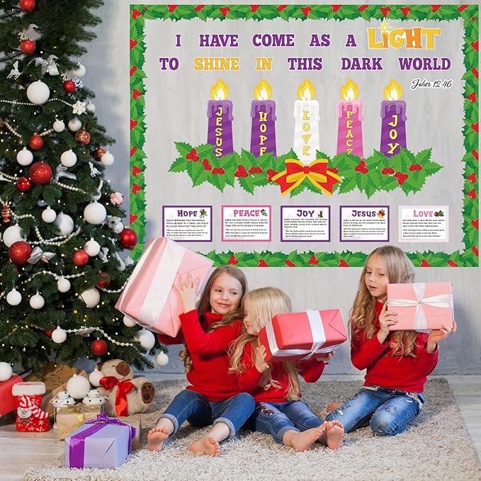 Christmas Advent Bulletin Board Christmas Nativity Religious Bulletin Board Set Xmas Jesus DIY Candle Peace Love Joy Hope Cutouts for Xmas Holiday School Classroom Party Decor