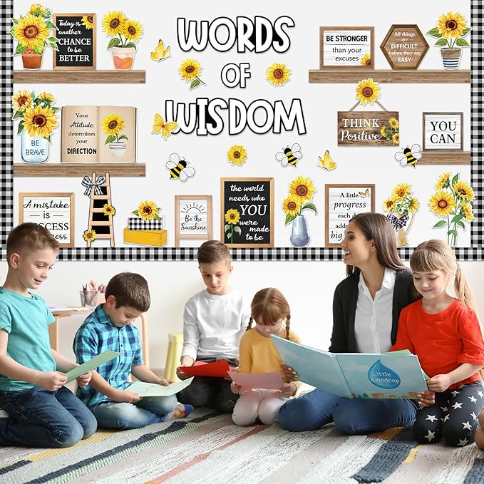 Mooliwe 57 Pcs Sunflower Bulletin Board Set Inspirational Flower Bulletin Board Decoration Positive Cutout Classroom Decoration for School Office Home Teacher Classroom Wall Supplies