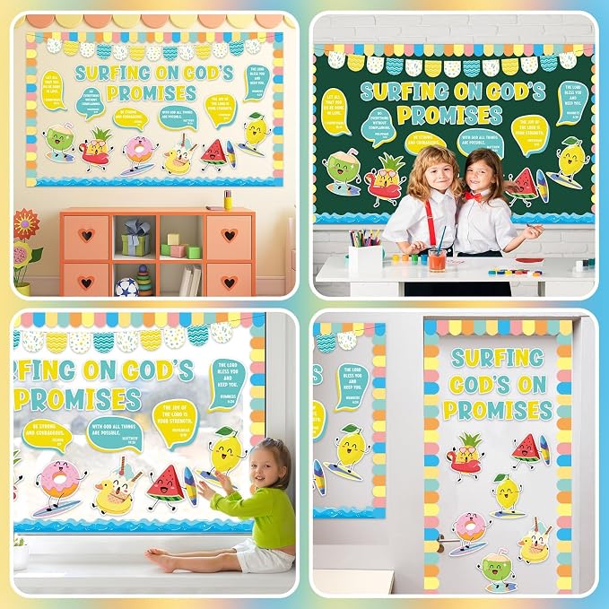 Christian Church Summer Bulletin Board Set Religious Sunday School Bulletin Board Decorations Motivational Tropical Fruit Paper Cutouts for Vacation Bible School Office Chalkboard Wall Door Decor