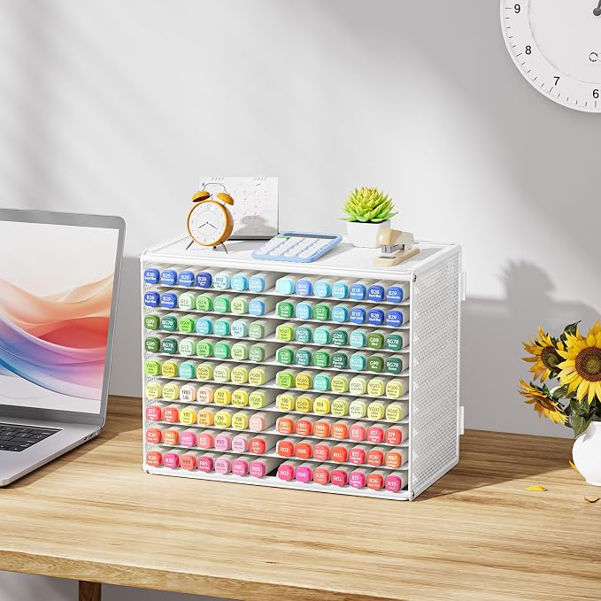 Marbrasse Mesh Marker Organizer, Metal Desktop Storage Rack for 126 Markers, Pens, Pencils, 9 Tier Marker Holder for Office Classroom & Home Art Supplies(White)