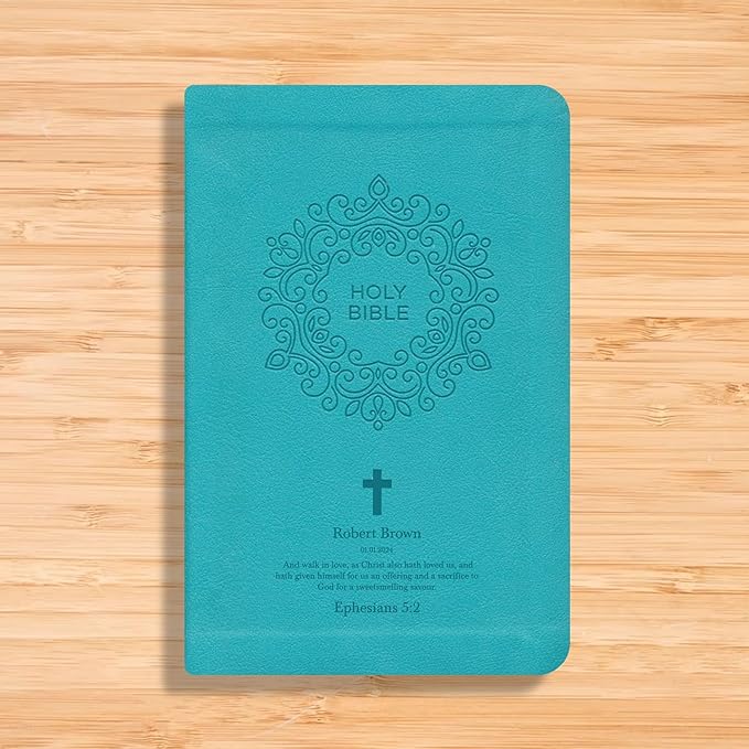Personalized Custom NKJV Thinline Large Print Holy Bible with Name Includes Up To 3 Rows Of Text with Red-Highlighted Verses, Custom Gift for Christian & Religious Celebrations | Blue