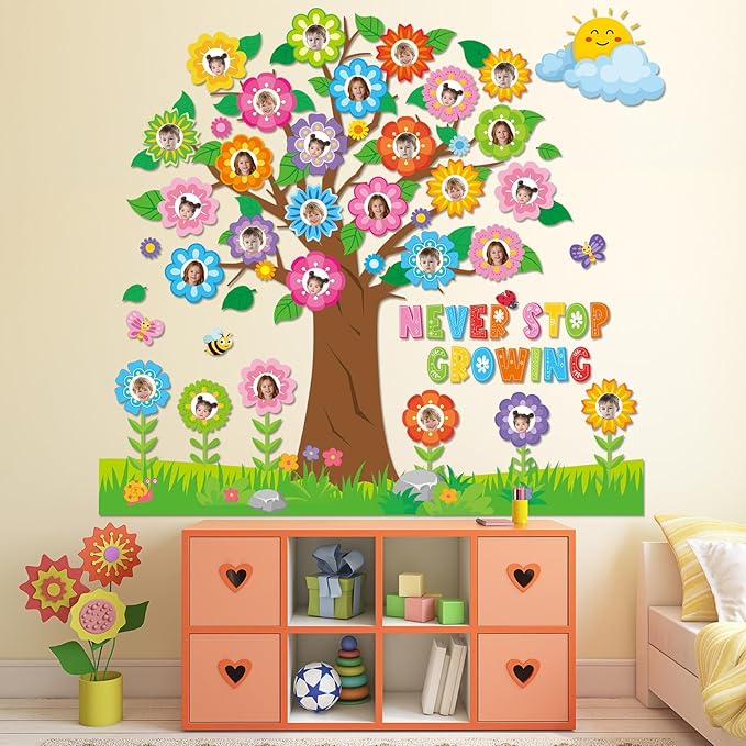Spring Tree Bulletin Board Decorations Colorful Flowers Butterfly Classroom Bulletin Board Set Never Stop Growing Photo Posting Craft Cutouts for Home School Offices Back to School Wall Decor Supplies