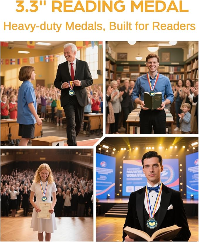 3.1'' Reading Award Medal - Heavy Duty Reading Superstar Necklace, Double-Sided 3D Engraved Reading Award Prize Gift for Students Adults School Graduation Participation Competitions