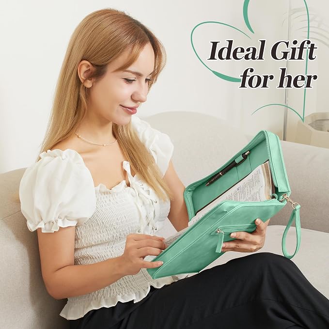 Leather Bible Cover for Women – Large Zippered Case with Handle and Pockets, Floral Book Protector for Study or Church, Christian Gift for Girls and Women, Large Size Bibles (Green)