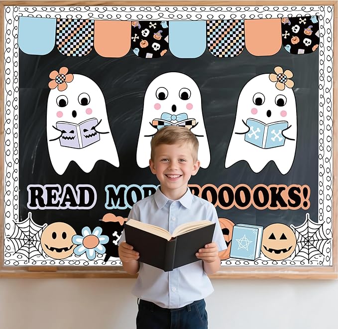 Halloween Bulletin Board Decorations Set, Boho Halloween Ghost Classroom Decor with Cute Ghost Paper Cutouts Border Trims for Back to School Teacher Nursery Classroom Wall Door Decor
