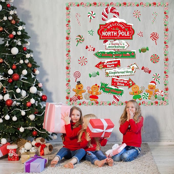 Christmas Bulletin Board Set Christmas North Pole Sign Classroom Decorations Xmas Gingerbread Candy Cane Paper Cutouts Decor for School Door Wall Winter Holiday Party Supplies