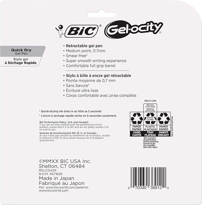 BIC Gelocity Quick Dry Gel Pen with Fast Drying Ink and Comfortable Grip, Assorted colors, 0.7 mm Medium Point, 24 Pack