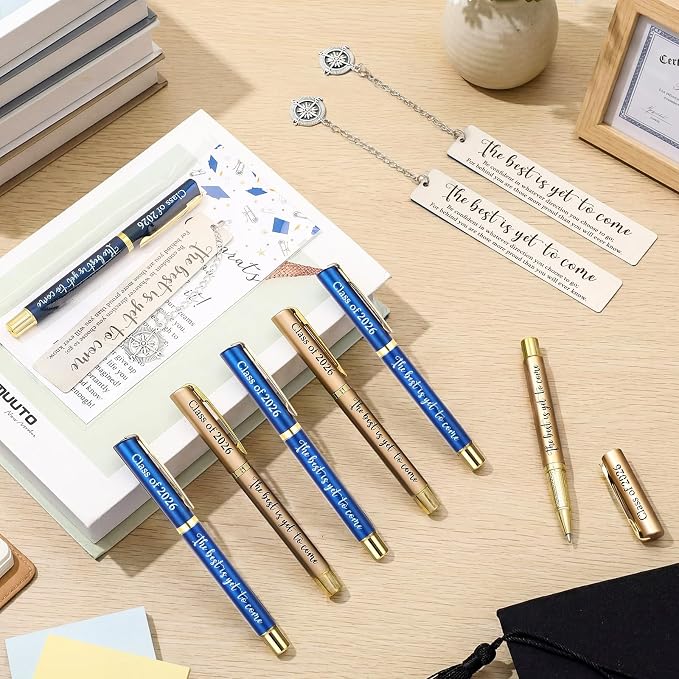 Affrolling 12 Sets Class of 2026 Graduation Gifts Bulk – Graduation Pens, Compass Bookmarks, Cards & Clear Gift Bags, Inspirational Party Favors for Students & Teachers(Blue,Gold)
