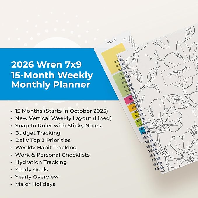 Blue Sky 15 Month 2026 Weekly and Monthly Planner Calendar, October 2025 - December 2026, 7" x 9", Flexible Cover, Durable Twin Wire Binding, Laminated Tabs, Includes Ruler & Sticky Notes, Wren