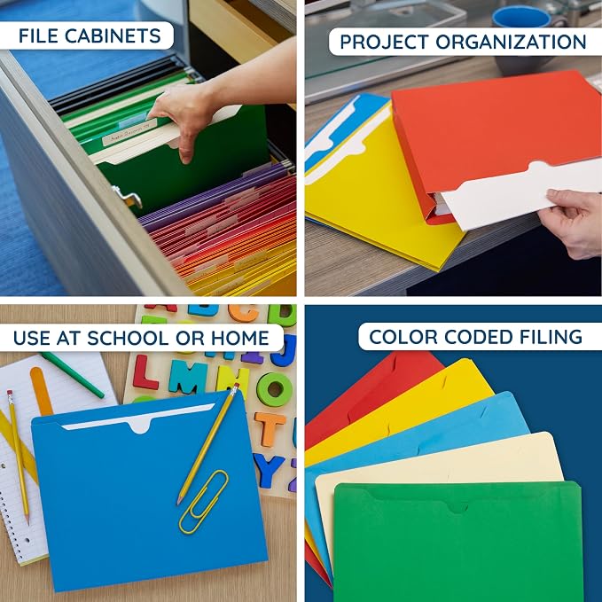 Blue Summit Supplies 2 Inch File Jackets, Expandable Folders, Heavy Duty 2 Inch Expansion Pocket File Folders Letter Size, Assorted Colors, Reinforced Straight Cut Tab,25 Pack
