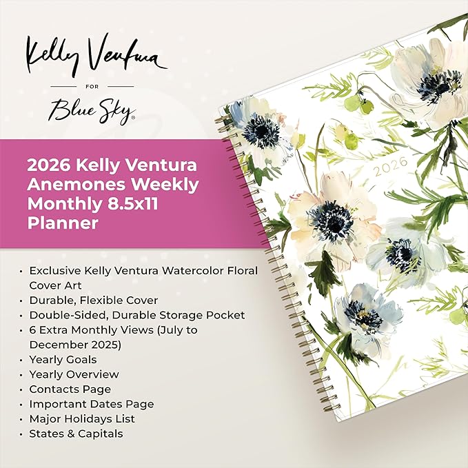 Blue Sky Kelly Ventura 2026 Weekly and Monthly Planner Calendar, January 2026 - December 2026, 8.5" x 11", Flexible Cover, Laminated Tabs, Durable Twin Wire Binding, Storage Pocket, Anemones