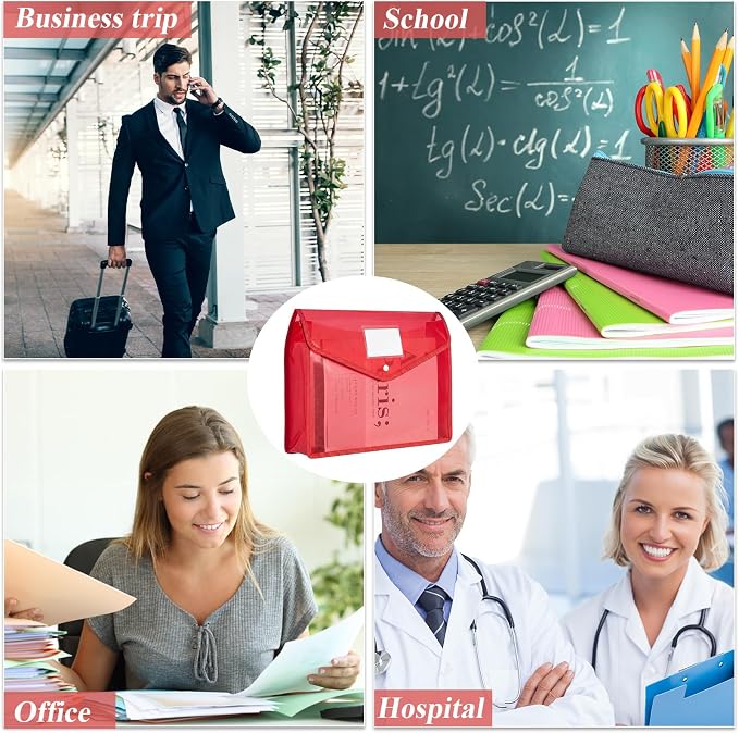 Epakh 10 Pieces Plastic File Folders Envelope Expanding File Wallet Organizer Documents Folder with Snap Closure and Pocket B4 Waterproof Transparent Pouch for School Office(Red,Horizontal)