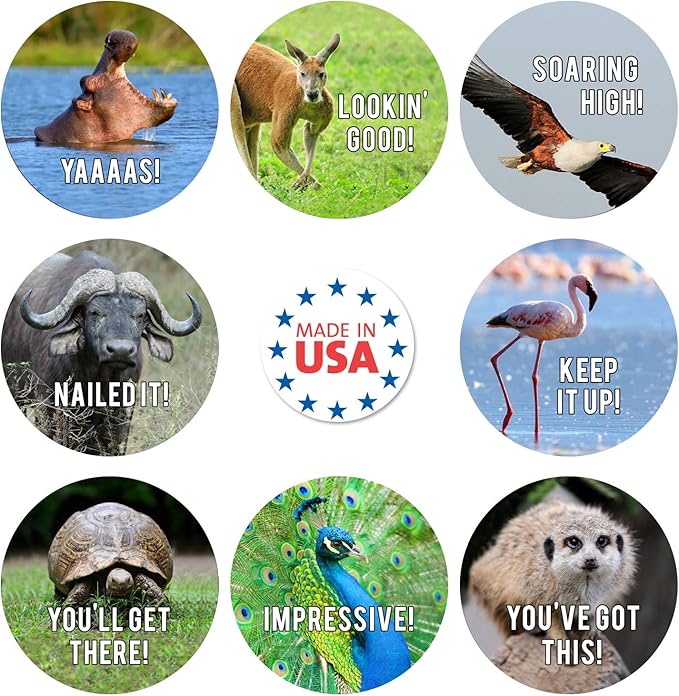 Motivational Animal Stickers / 500 Students Patients Incentive Labels Roll / 1.5" Funny Inspirational Animal School Clinic Reward Sticker / 8 Humorous Designs/Made in The USA