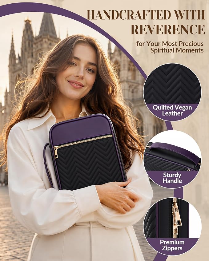 XKDOUS Quilted Leather Bible Cover Case for Women, Zippered Bible Carrying Bag with Study Supplies and Accessories, Waterproof Bible Organizer Holder for Church and Daily Use (Purple & Black)