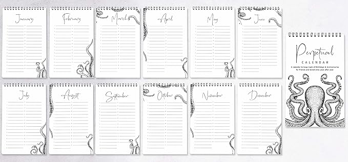 Octopus Perpetual Calendar, Important Dates to Remember- 6x9 Monthly and Daily Wall Hanging Journal for Special Days- Birthdays- Anniversaries Book Birthday Gift Planner Organizer-NY