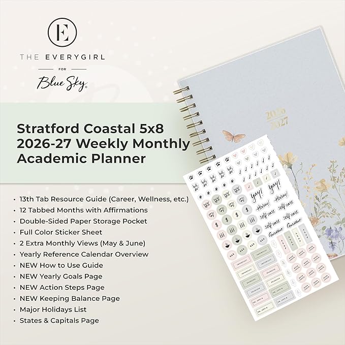 Blue Sky The Everygirl 2026-2027 Weekly and Monthly Academic Year Planner Calendar, July 2026 - June 2027, 5" x 8", Flexible Cover, Wirebound, Laminated Tabs, Storage Pocket, Includes Stickers, Stratford Coastal