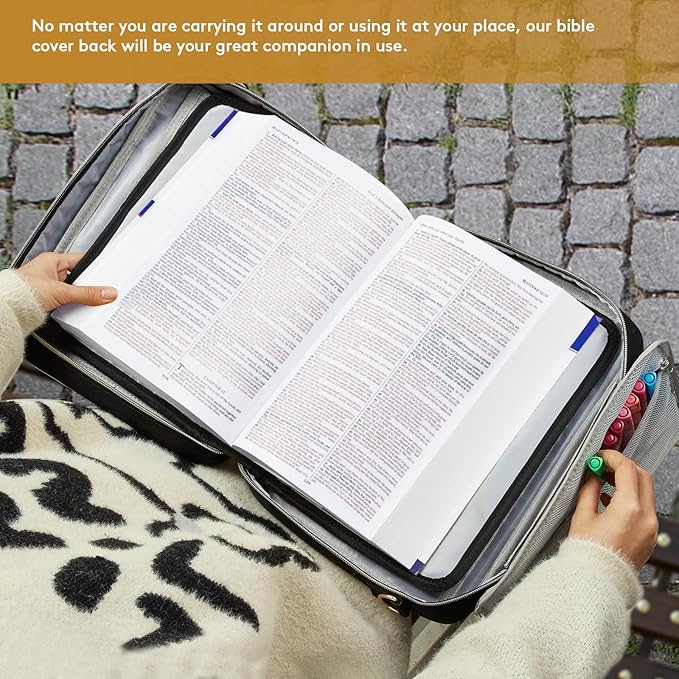 Bible Cover for Women – Large Bible Case with Zipper, Floral Journal Bag with Handle & Shoulder Strap, Christian Gift for Bible Study & Church, Black