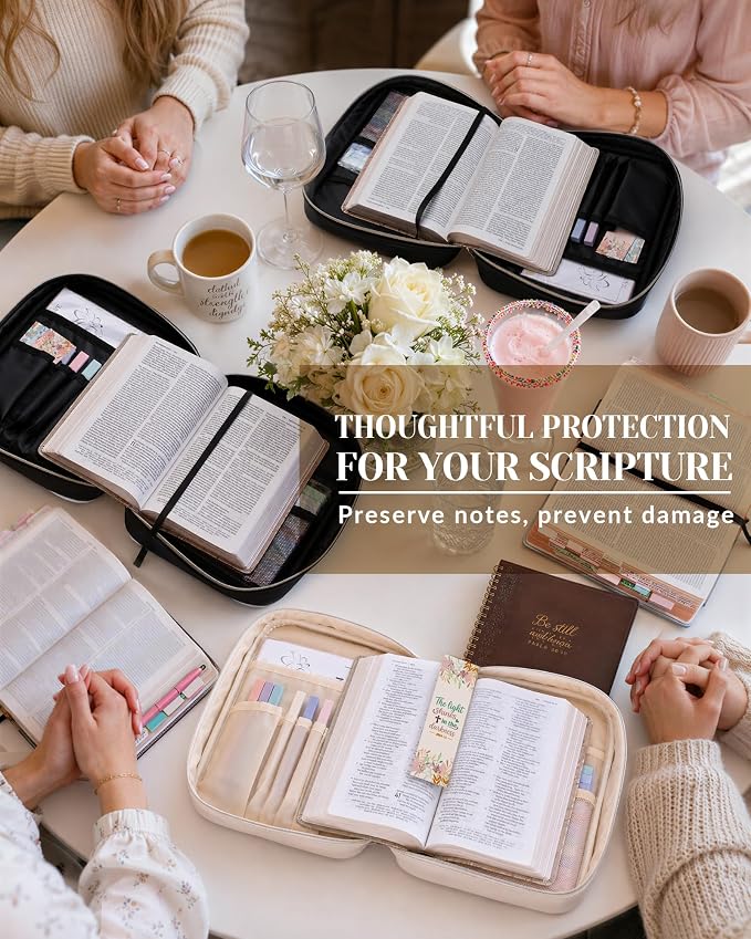 XKDOUS Quilted Leather Bible Cover Case for Women, Zippered Bible Carrying Bag with Study Supplies and Accessories, Waterproof Bible Organizer Holder for Church and Daily Use (White, Black & Brown)