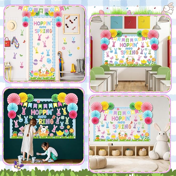 Eersida Spring Bulletin Board Set with Paper Fans 3D April Classroom Decorations Hopping in Spring Bulletin Board Cutouts for Elementary Middle School Classroom Office Supplies