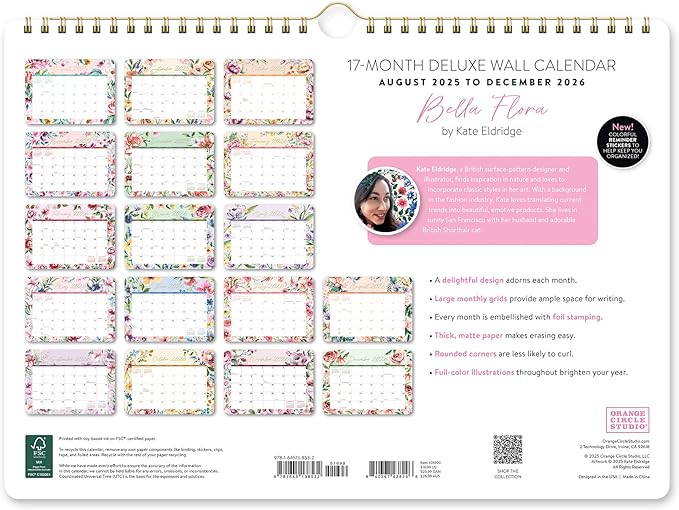 Orange Circle Studio Deluxe Wall Calendar 2025-26, Bella Flora, Large Monthly Planner with Hanging Hook for Home Office, Classroom or School Use, Family Calendar, Aesthetic Hanging Organizer
